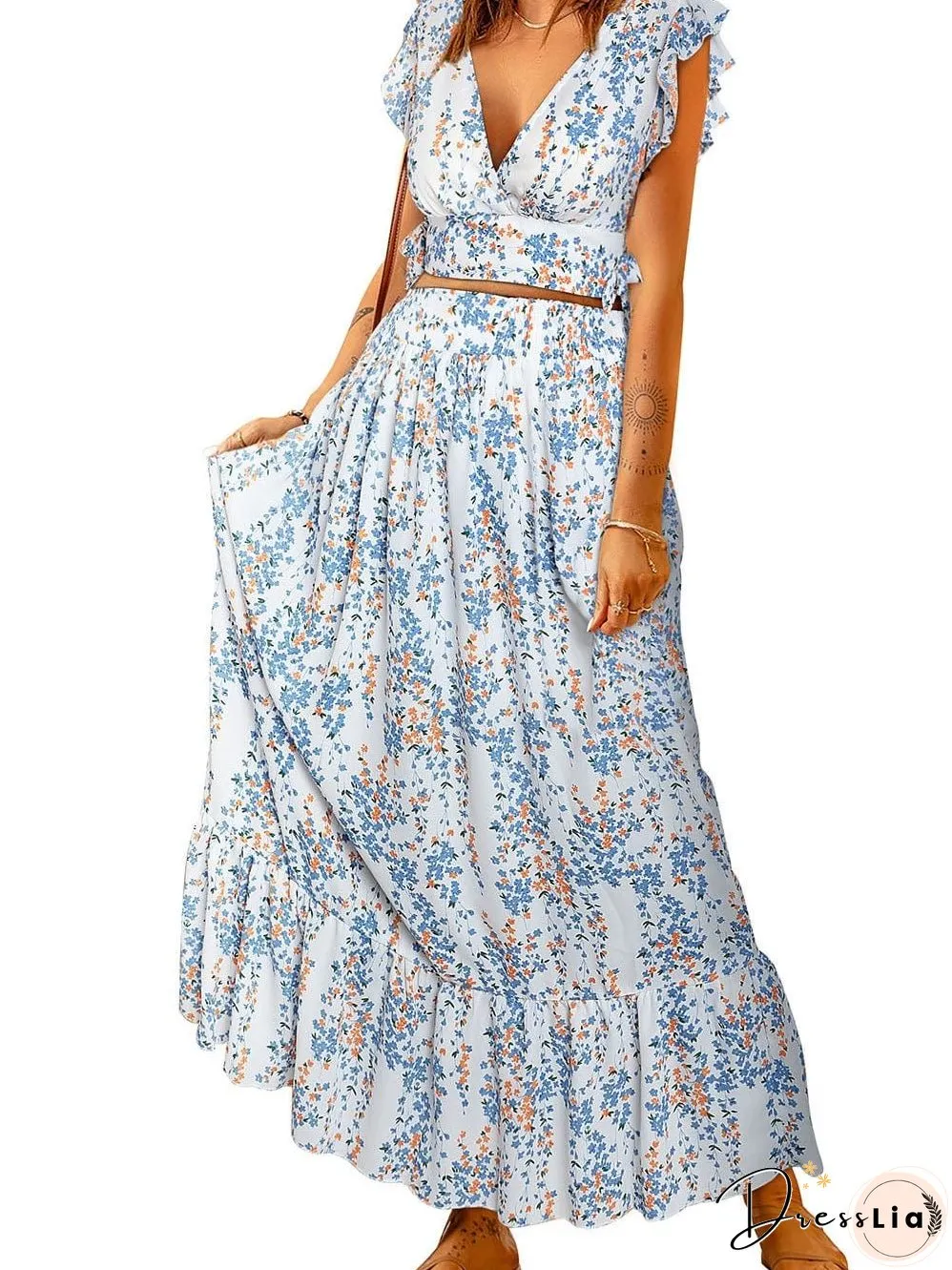 Floral White Bohemian Chic Two Piece Maxi Dress Set