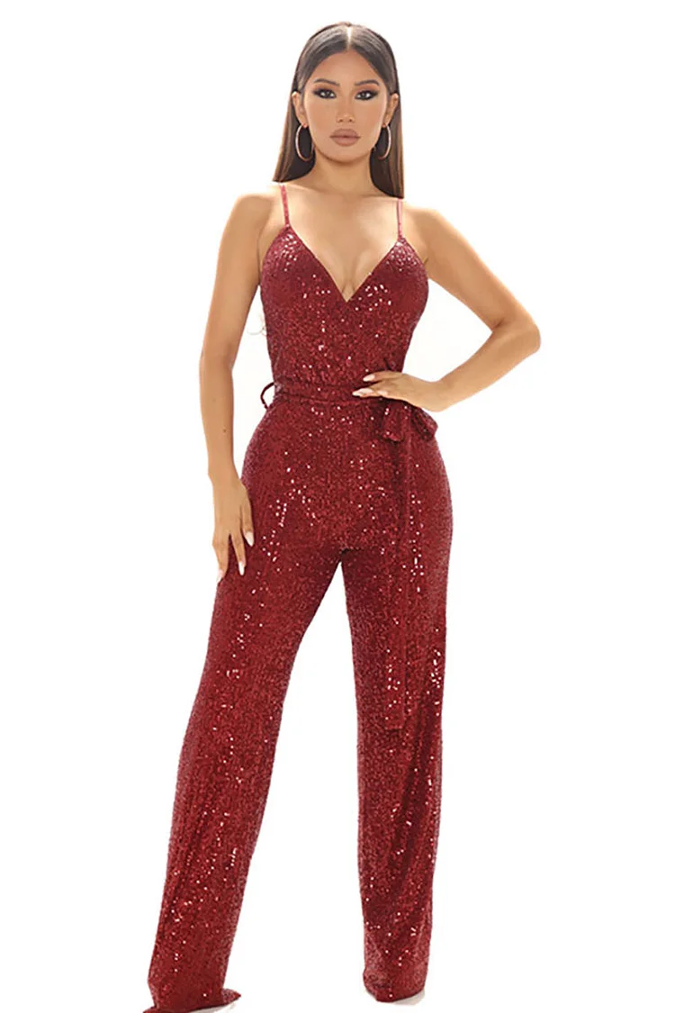 Sequin V Neck Cami Backless Knotted Party Jumpsuit