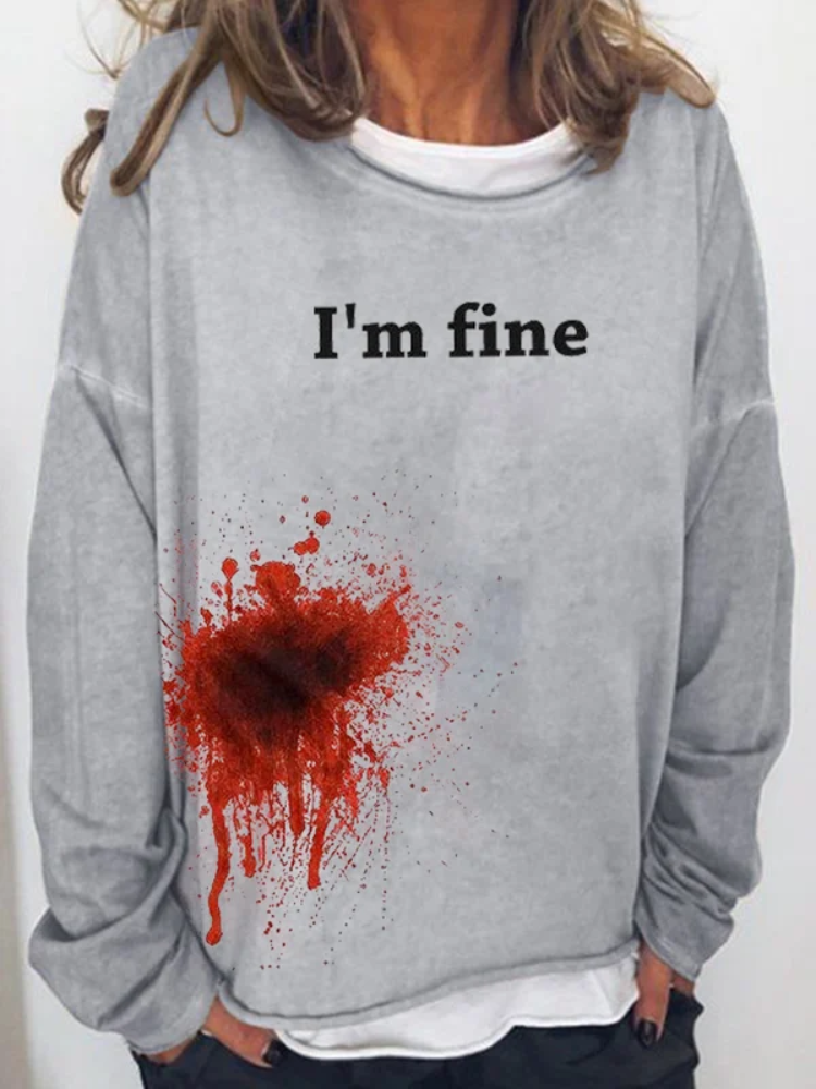 VChics Women's Halloween Funny Bloodstained I'm Fine Print Long Sleeve T-Shirt
