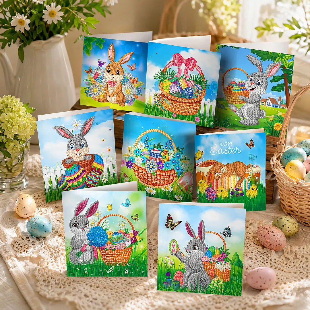 8PCS Outdoor Rabbit DIY Diamond Painting Greeting Card Kits with Envelopes Diamond Art Greeting Cards Diamond Art Cards Kits for Adults DIY Crafts Family Friend Gifts