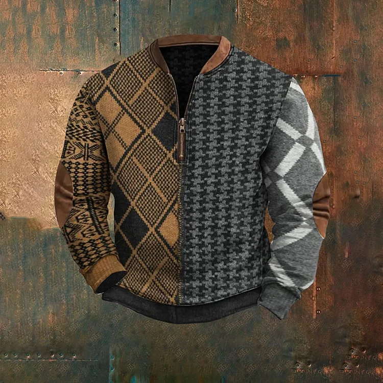 Utbros Men's Retro Western Textured Print Zip-Up Knit Cozy Sweatshirt