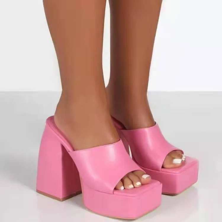 Vstacam Thanksgiving Summer High Heels Women Platform Slippers 2023 Chunky Square Toe Sandals Designer Pumps Ladies Fashion Slides Women Shoes