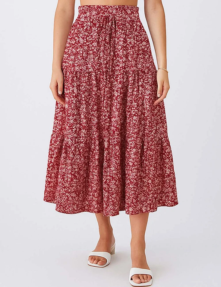 Ladies Boho Elastic Waist Ruched Drawstring Skirt