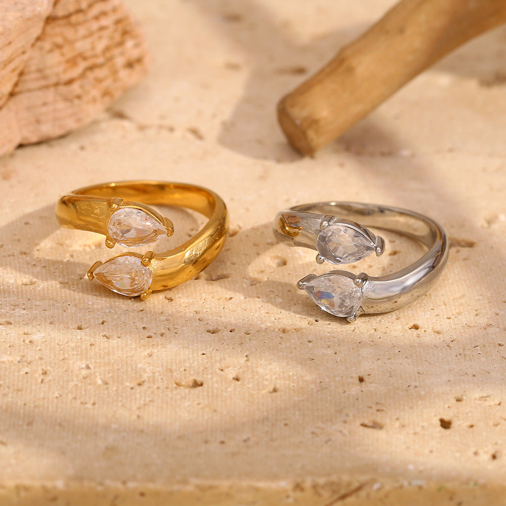 Ins Niche Design Hand-Made Stainless Steel 18K Gold-Plated Water Drop Zircon Double-Headed Open Ring