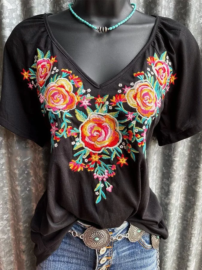 Ladies V Neck Floral Print Multicolor Short Sleeve T-Shirt