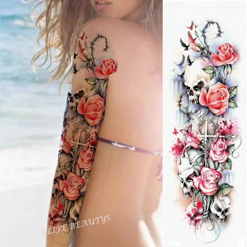 Sdrawing Temporary Full Arm Tattoos Man Women Cool Leg Art Tiger Wolf Black Sleeve Large Fake Sticker Glitter Multiple Style