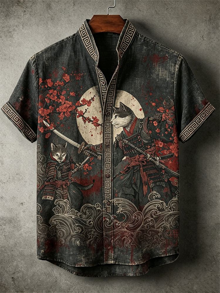 Men's Bloody Cats Samurai Duel Plum Blossom Sea Waves Linen Shirt elevenforest