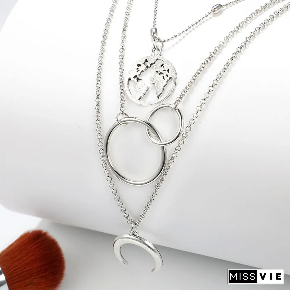 Fashion Women Multi-Layer Moon Map Necklace