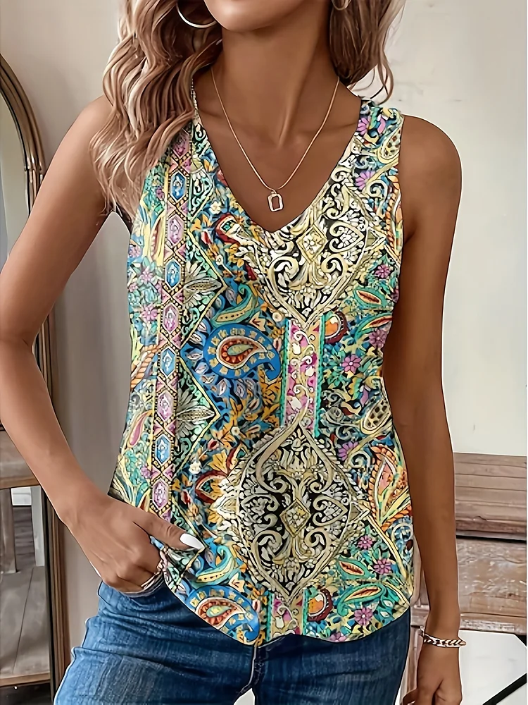 Women's Sleeveless V-Neck Top, Bohemian Paisley Print, Casual Summer Tank Top, Polyester 95% Spandex 5%, Slight Stretch Knit Fabric, All-Season Regular Fit Pullover Vest