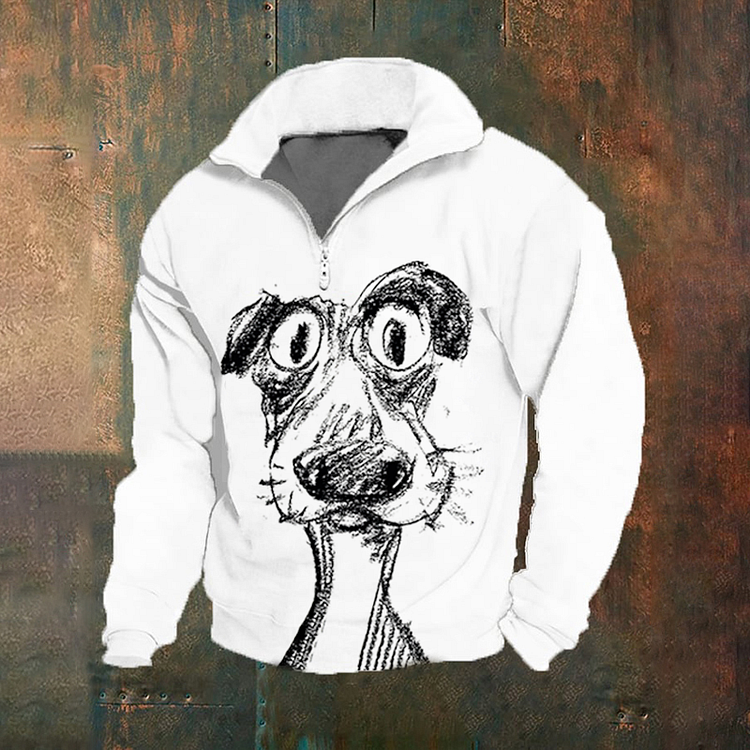 Comstylish Men's The Cute Dog Vintage Print Zipper Fur Collar Sweatshirt