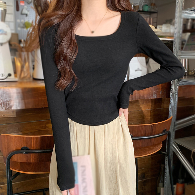Women's Square Neck Long Sleeve Slim Bottom Top Velvet Large Neckline Inner Includes Curved Hem Short Top