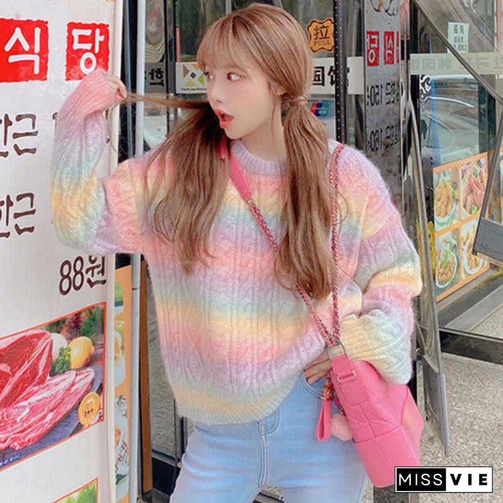 Rainbow Gradient Stripe Loose Sweater