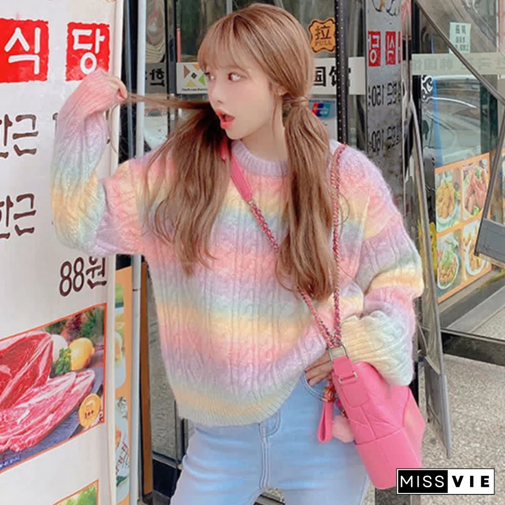 Rainbow Gradient Stripe Loose Sweater