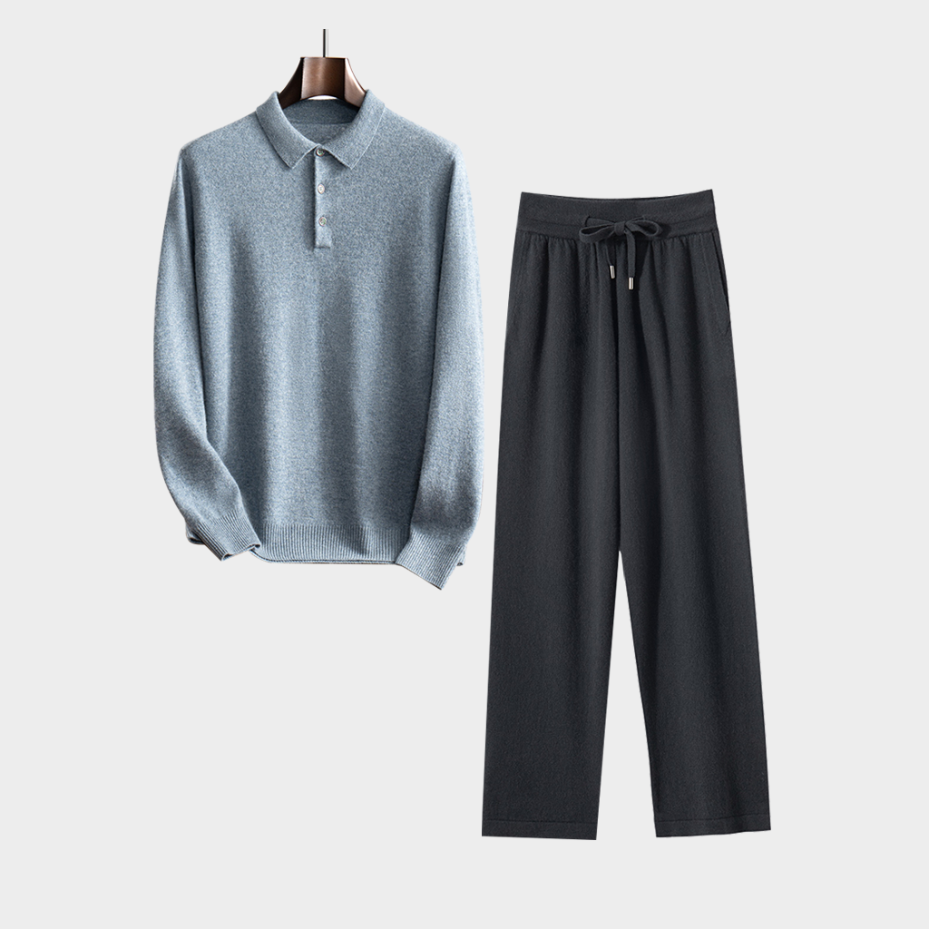 Men's Polo-Style Cashmere Sweater and Relaxed-Fit Pants Set | Casual Outfit REAL SILK LIFE