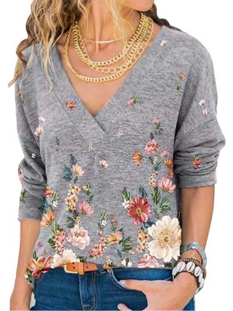 Floral Print Oversized T Shirts Womens Clothes Spring Casual Fashion V Neck Long Sleeve Loose Tops Vintage Tee Shirt Femme