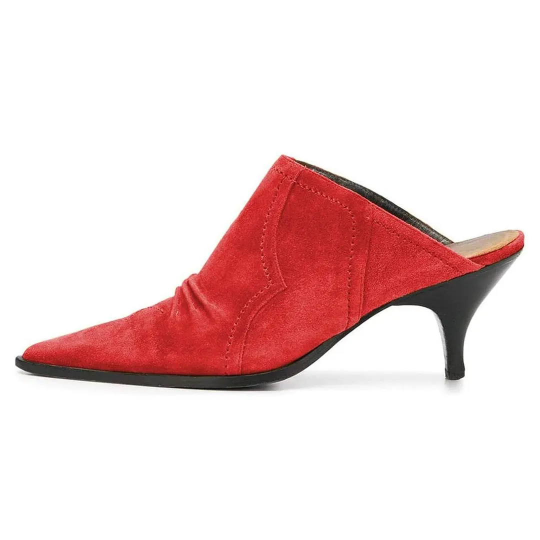 YDN Casual Red Vegan Suede Pointed Toe Mule Kitten Heels