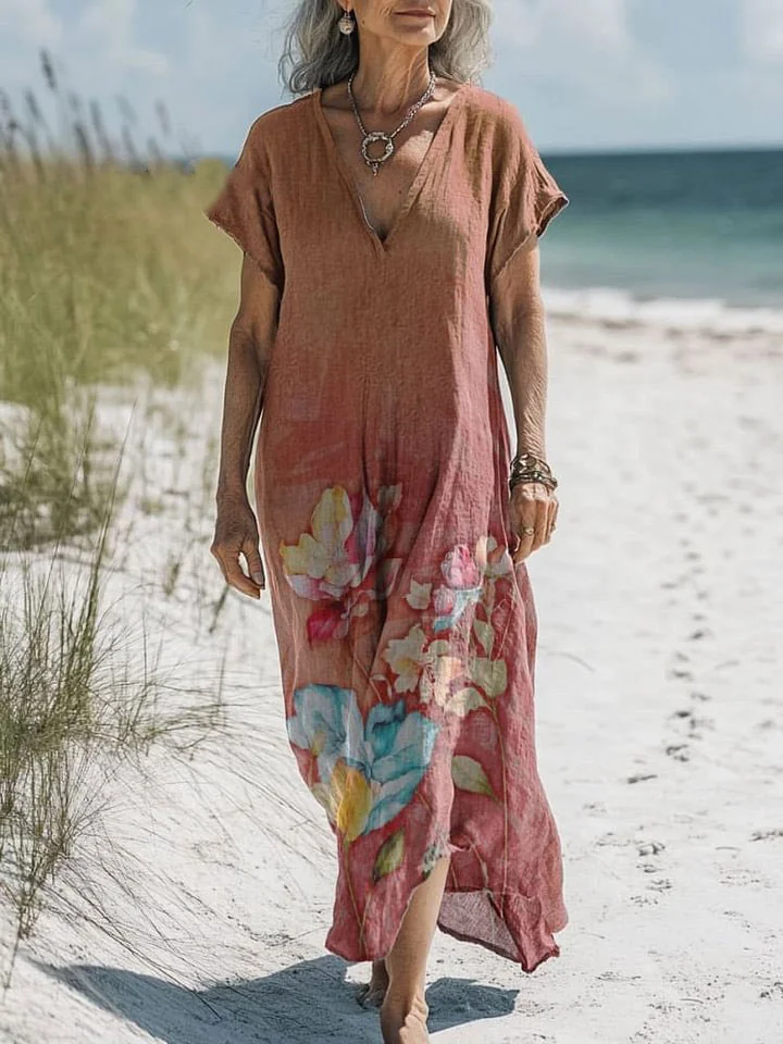 Women's Vintage Colorful Flower Art Print Pocket Cotton Dress