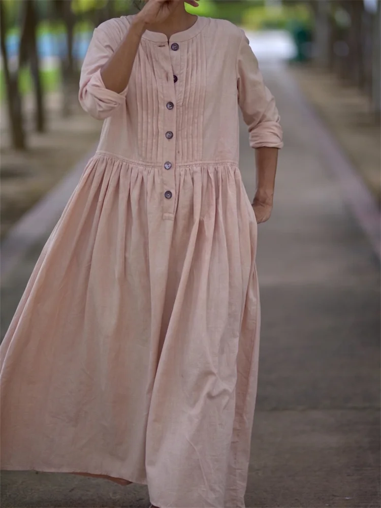 Vintage Pintucked Button Up Pleated Linen Blend Maxi Dress