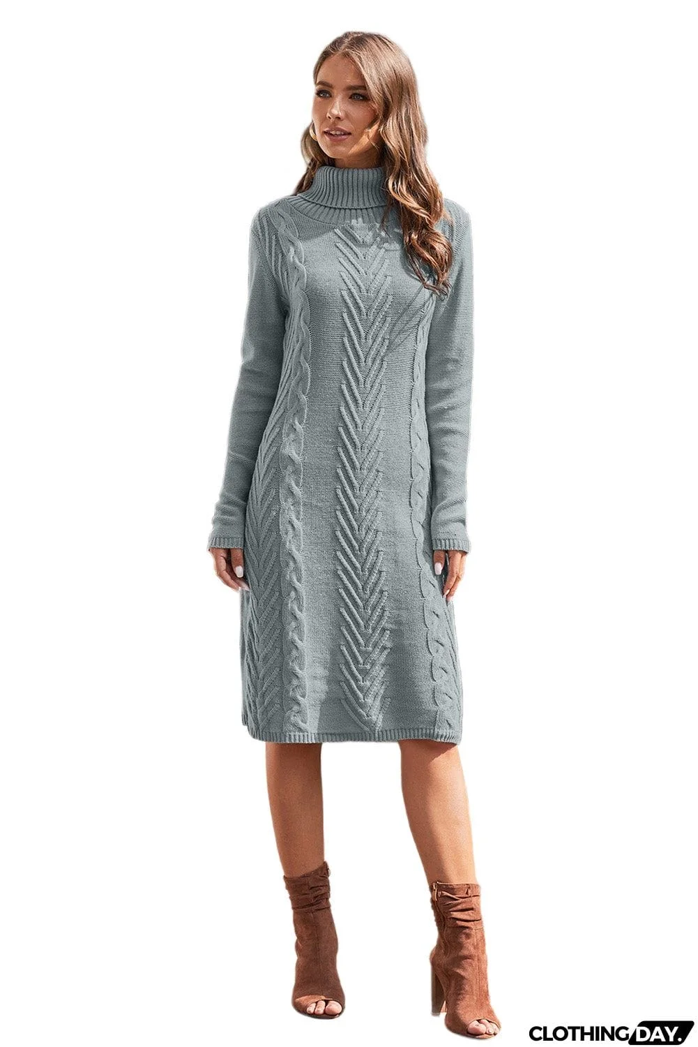Winter Gray Hand Knitted High Neck Sweater Dress