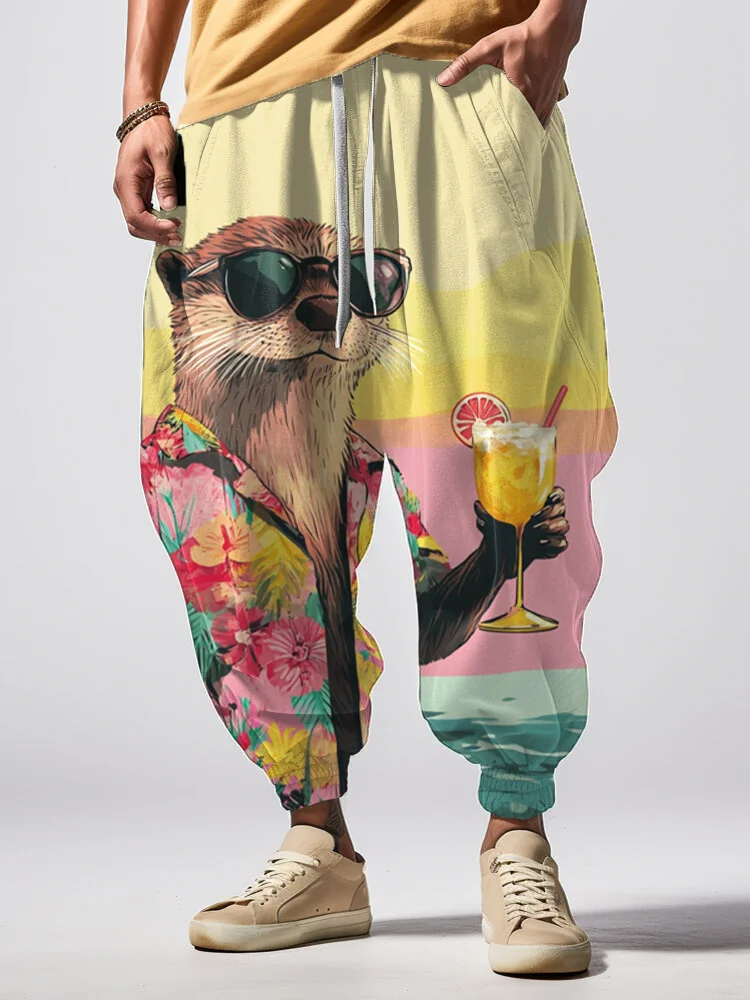 Men's Otter On Holiday Print Loose Drawstring Waist Sweatpants