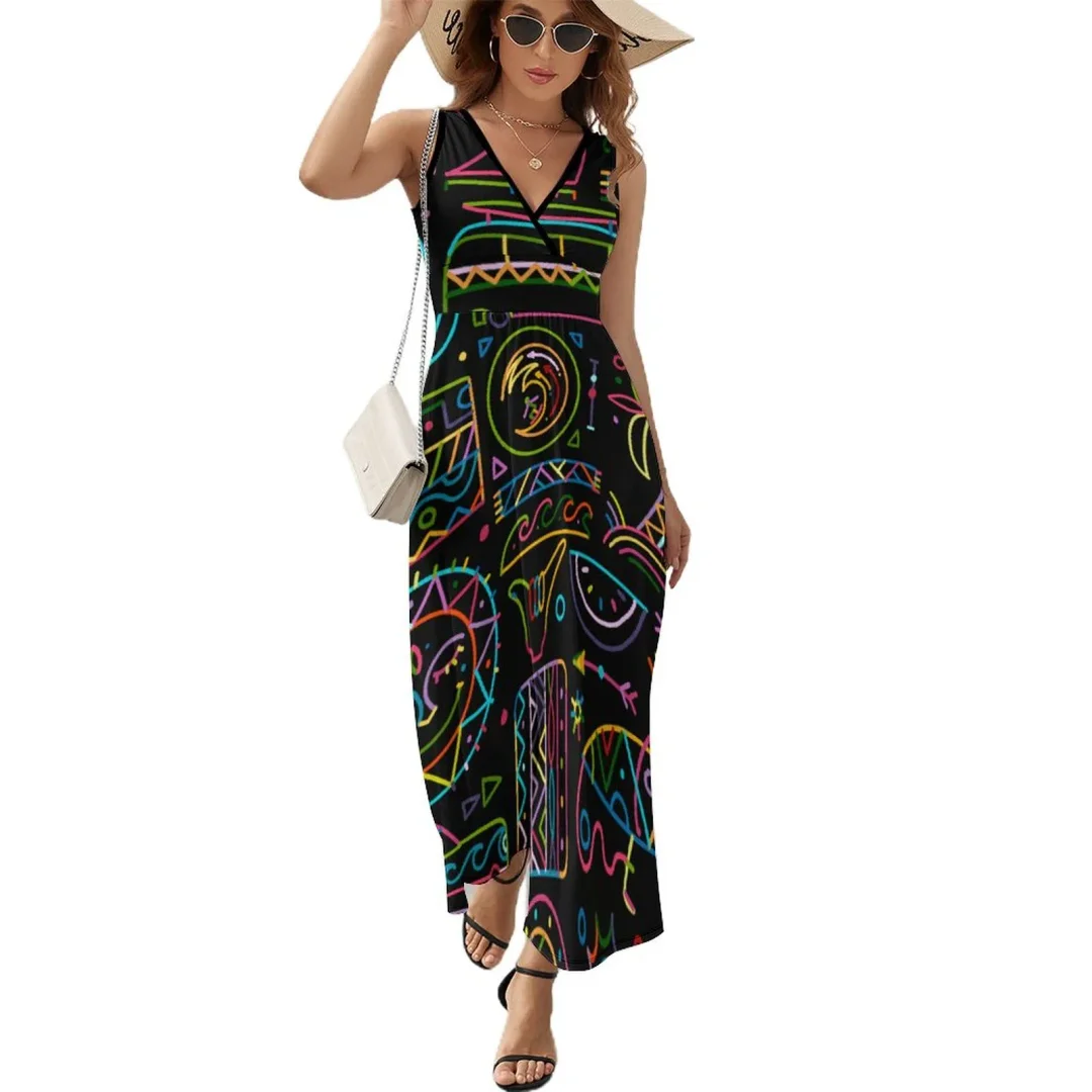 Polynesian Tribal Line Surfing Sea Turtle Casual Maxi Sleeveless Dress Women Beach Loose Bohemian Print Dresses