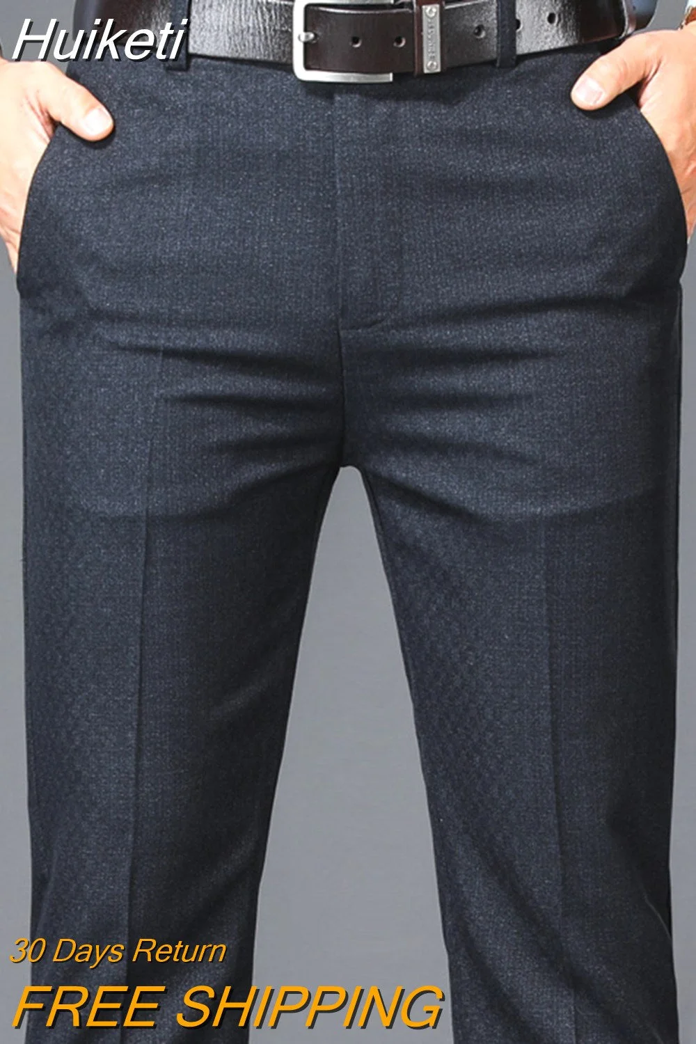 Huiketi Business Casual Suit Pants Men Solid High Waist Straight Office Formal Trousers Mens Classic Style Suit Long Pants Plus Size