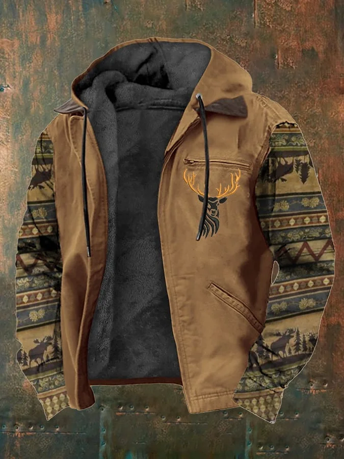 Men's Vintage Plush Western Elk Print Zipper Jacket