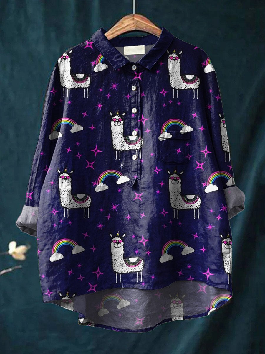 Vintage Lovely Rainbow Alpacas Art Print Casual Cotton And Linen Shirt