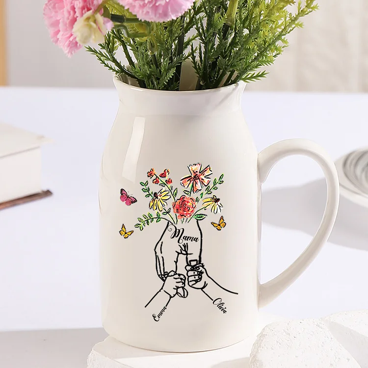 Florero de cerámica mano y manitos 2-8 nombres personalizados con texto decoración del hogar