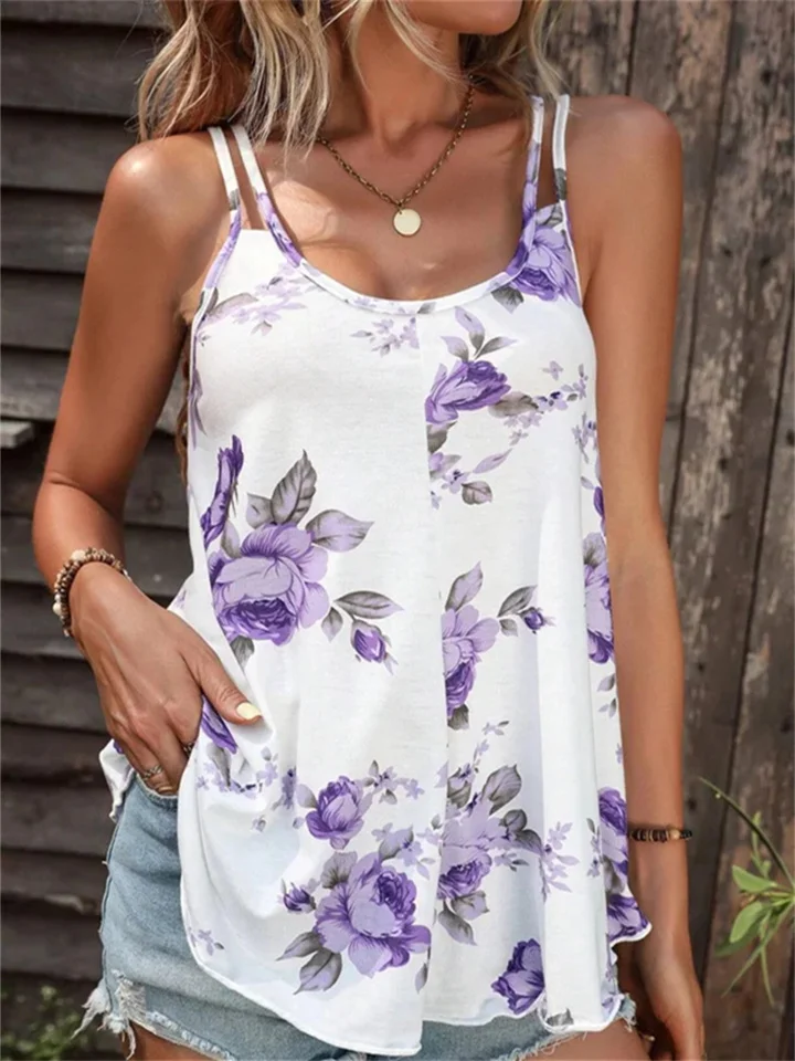 Summer New Comfortable Casual Women's Round Neck Digital Print Loose Type Sleeveless Women's Tops Sling T-shirt-Cosfine