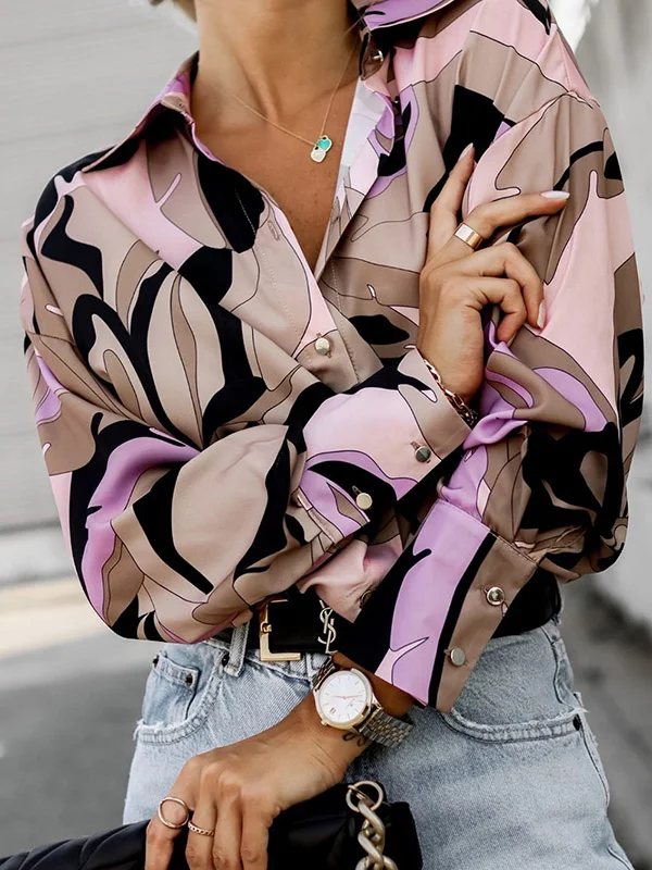 Long Sleeves Loose Buttoned Printed Lapel Blouses&Shirts Tops