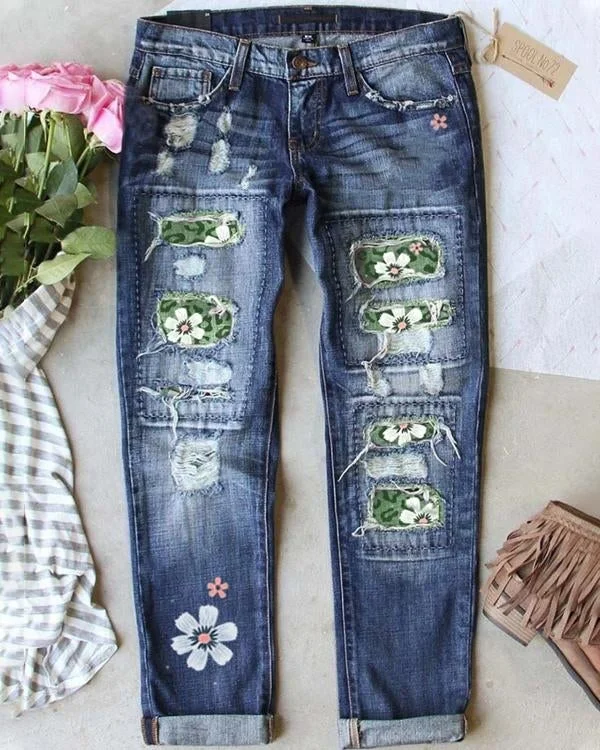Green Floral Leopard Panel Distressed Casual Jeans