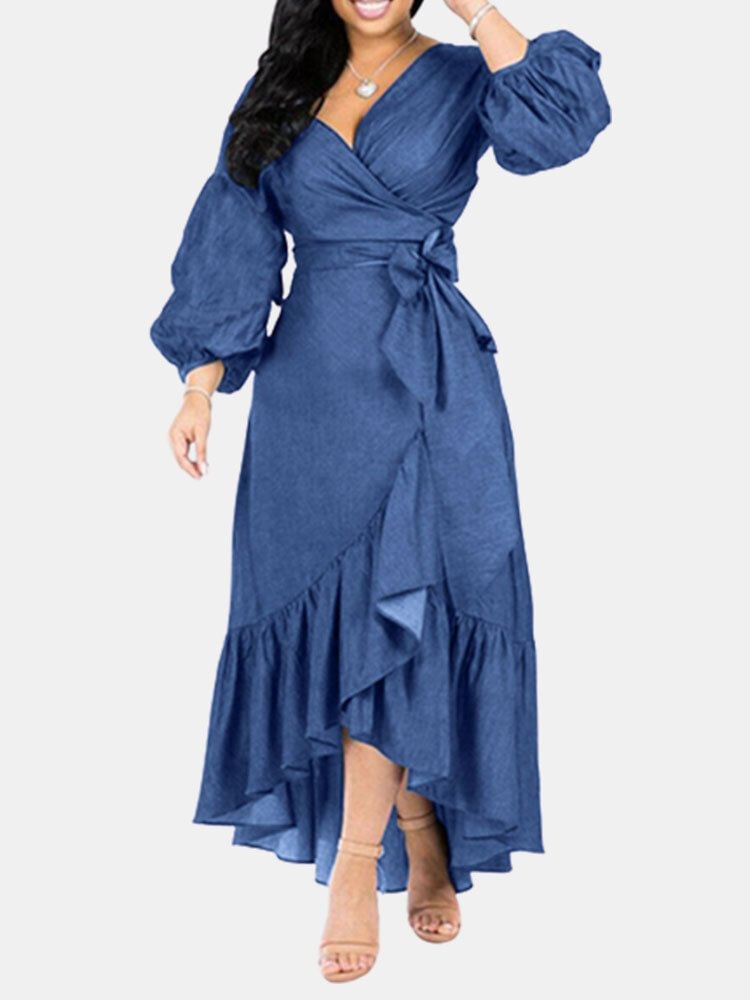 Puff Sleeves V-neck With Belt Ruffled Denim Dress - Life is Beautiful for You - SheChoic