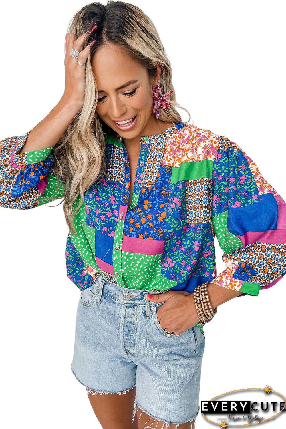 Multicolor Floral Patchwork Print Buttoned Puff Sleeve Shirt