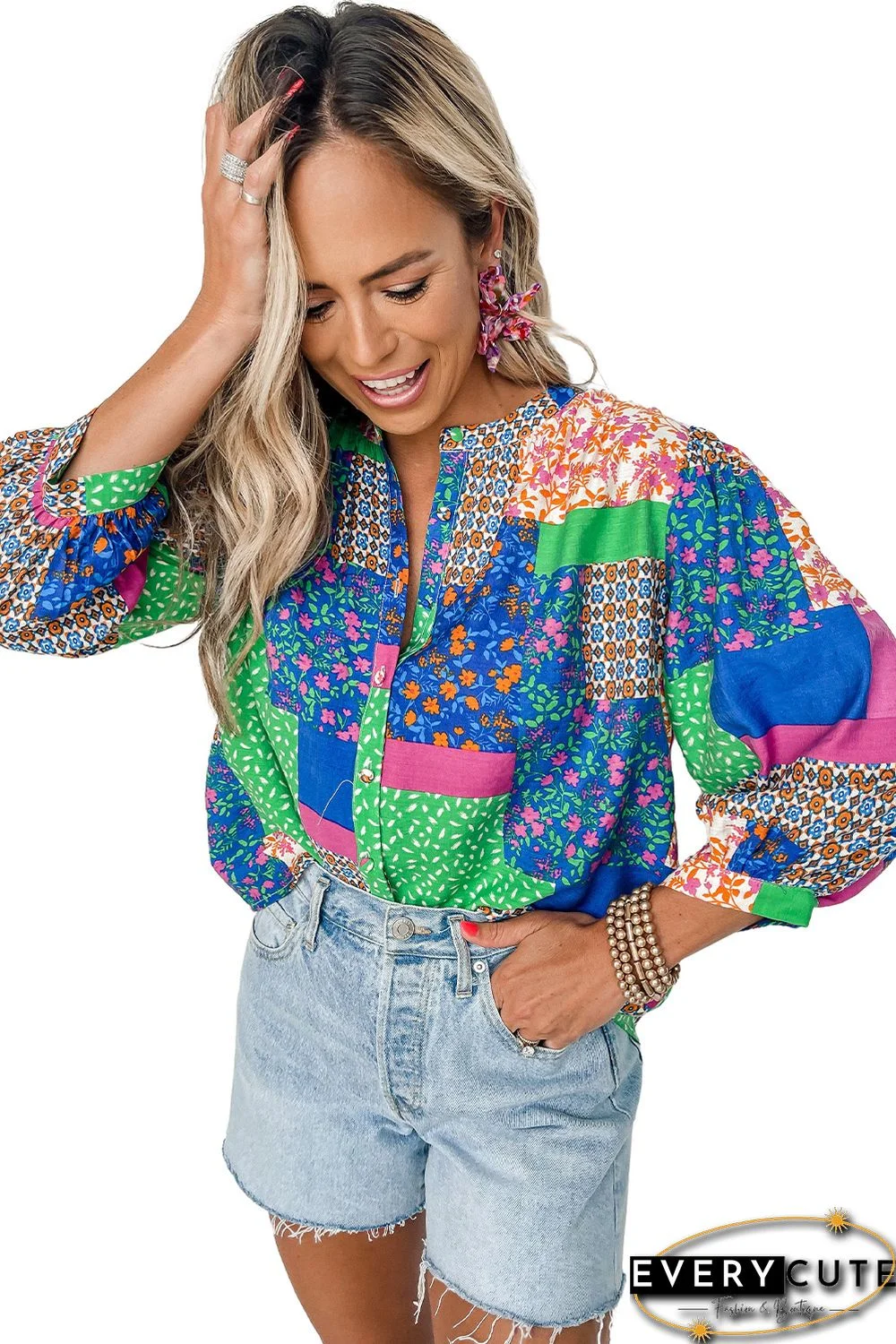 Multicolor Floral Patchwork Print Buttoned Puff Sleeve Shirt