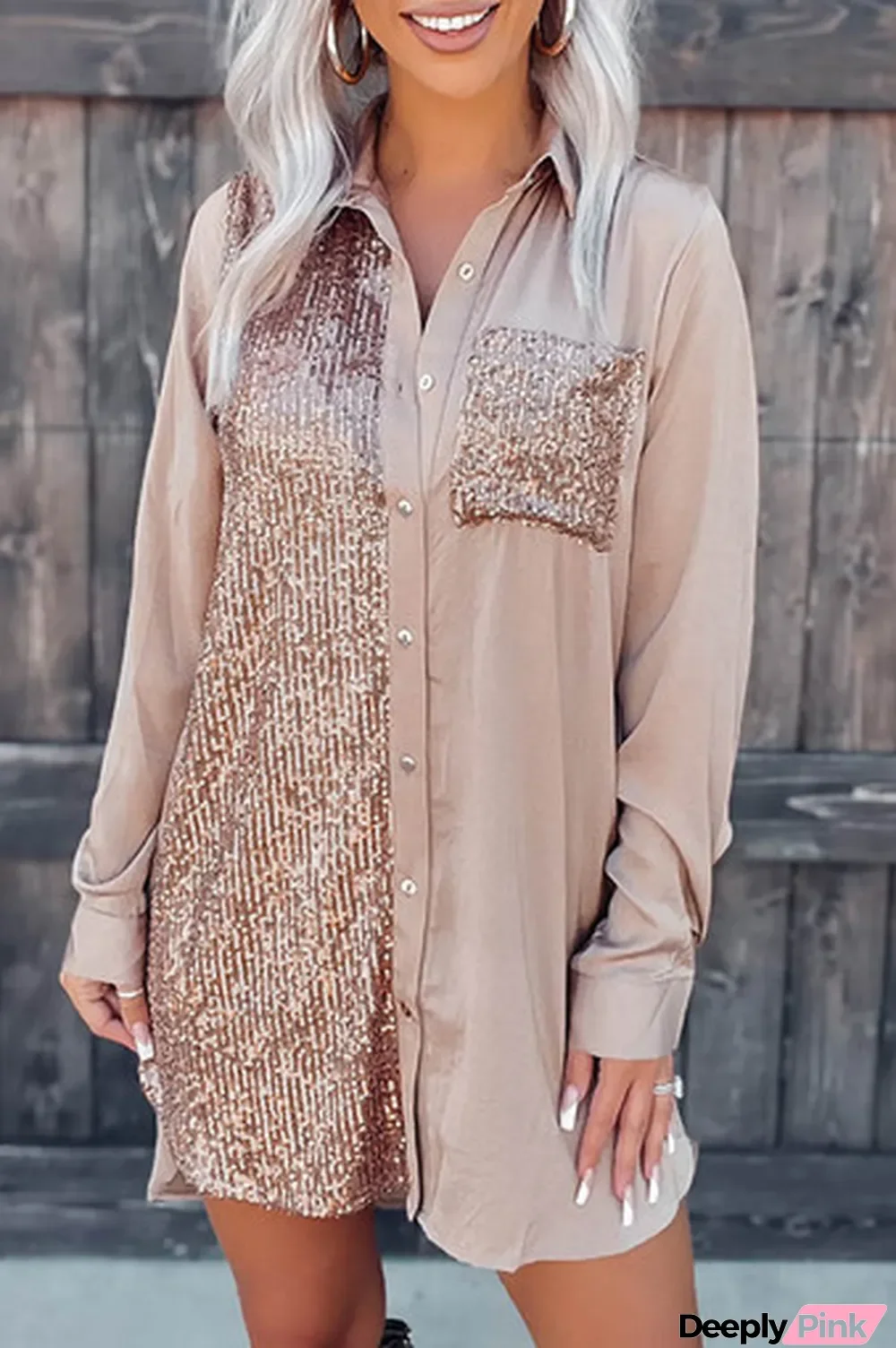 Khaki Sequin Splicing Pocket Buttoned Shirt Dress