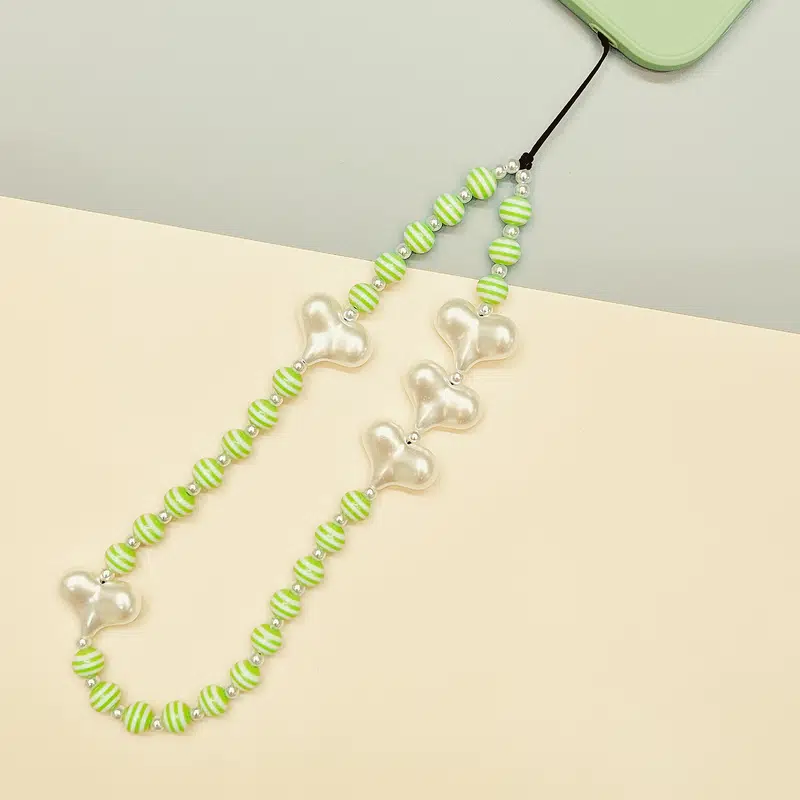 Heart Pearl Green Stripe Beads Phone Charm