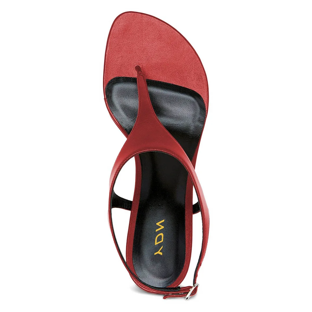 Red Open Toe T-Strap Flip-Flop Style Flared Heeled Sandals