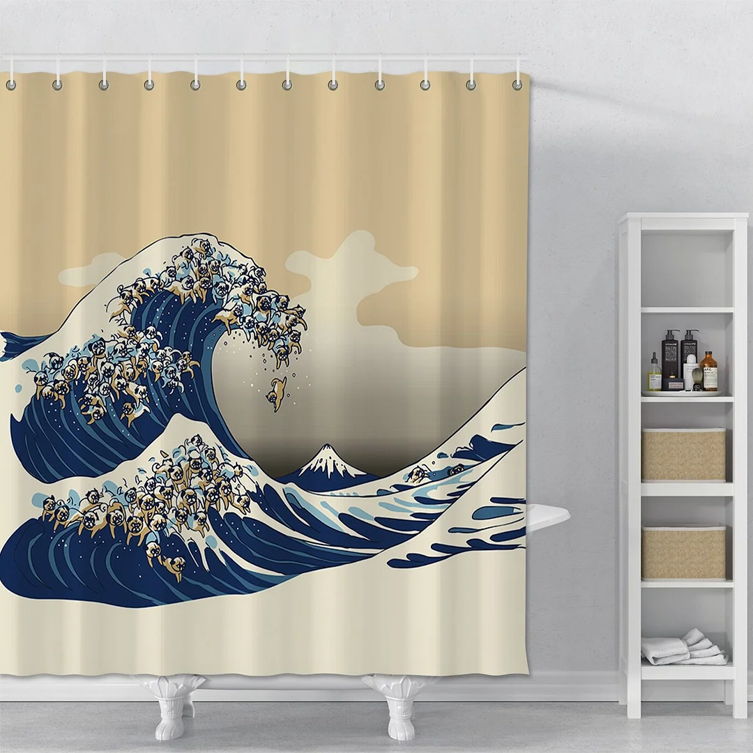 Japanese-style White Shower Curtain Printed Ocean Waves Bathroom Polyester Shower Curtain With Hooks Waterproof Shower Curtain