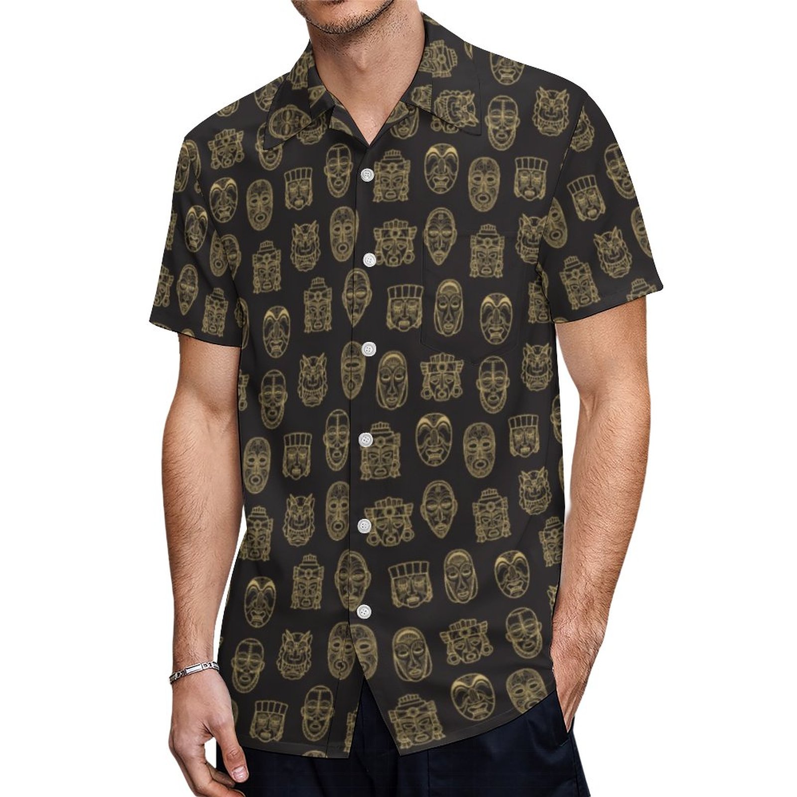 Black And Gold Tribal Masks Ethnic Art Hawaiian Shirt Mens Button Down Plus Size Tropical Hawaii Beach Shirts