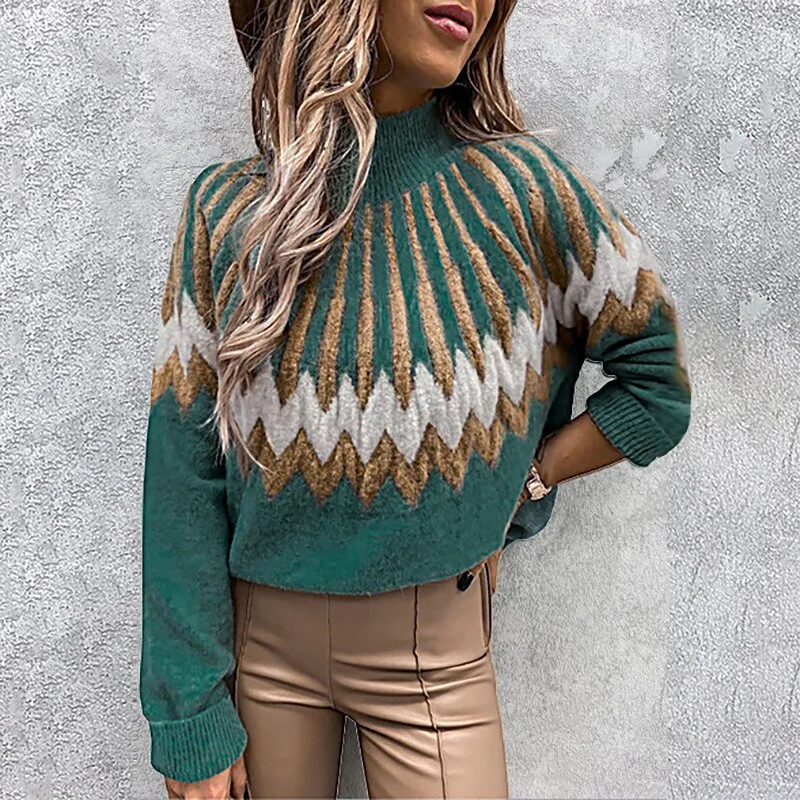 Women Winter Turtleneck Sweater Tops Vintage Patchwork Female Long Sleeve Pullover Casual Lady Loose Knitting Jumpers Streetwear