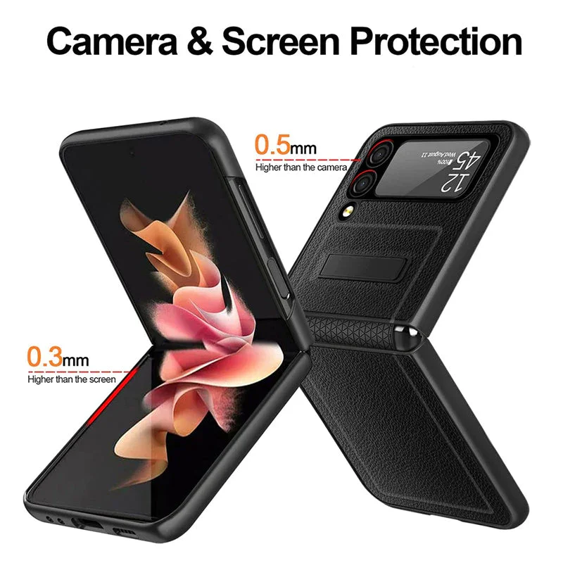 For Samsung Z Flip 3/4 Lychee Pattern Hinge Invisible Kickstand Phone Case