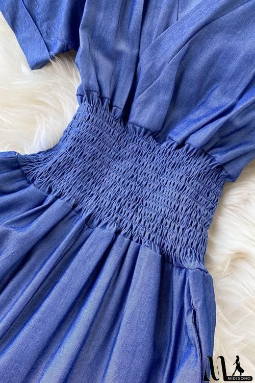 MidiSono - Elastic Waist  V Neck Denim Jumpusits