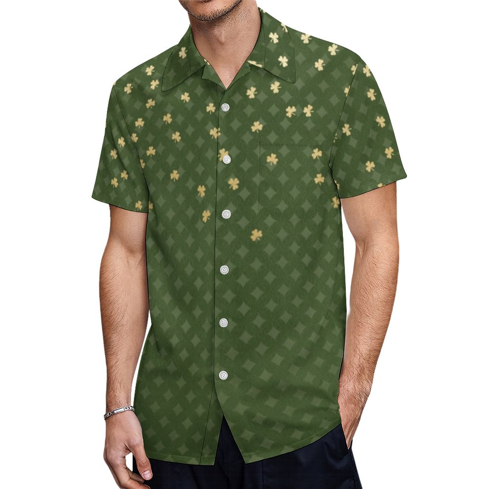 St Patricks Day Green Diamond Gold Shamrock Hawaiian Shirt Mens Button Down Tropical Hawaii Beach Shirts