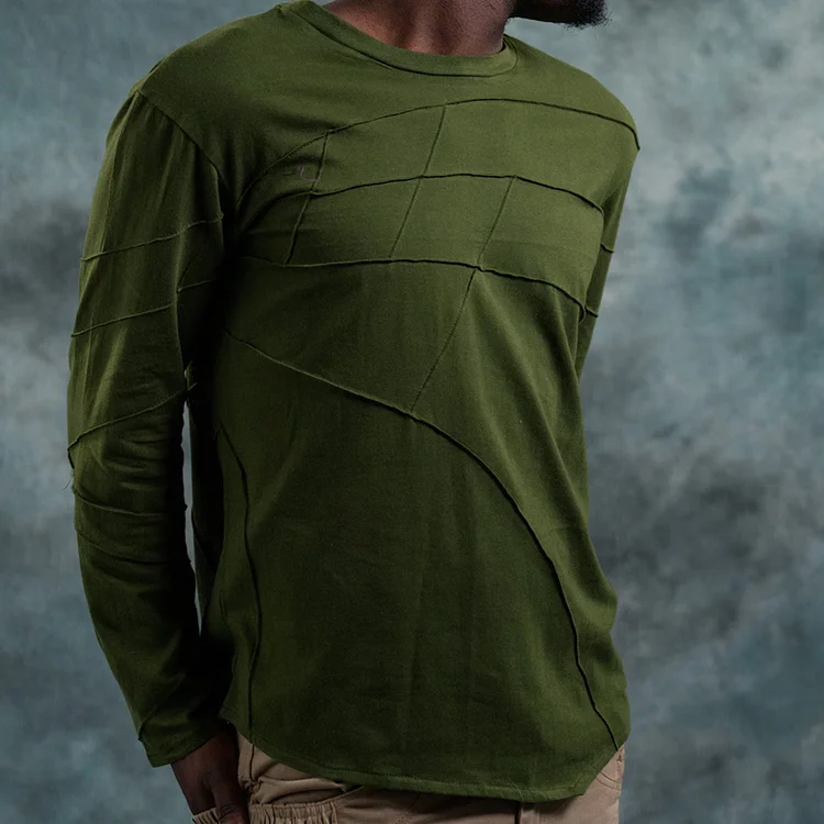 Men's Green Cotton Patchwork Long-Sleeved T-Shirt