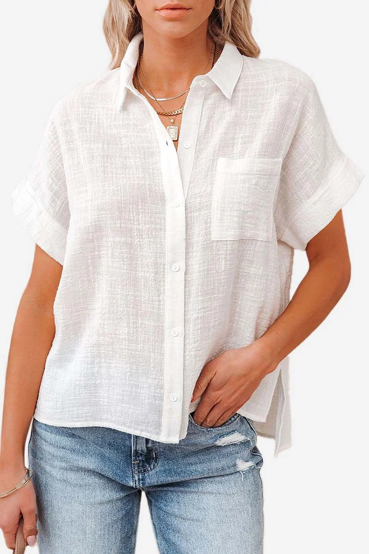 Button Pocket Short Sleeve Turndown Slit Linen Blouse