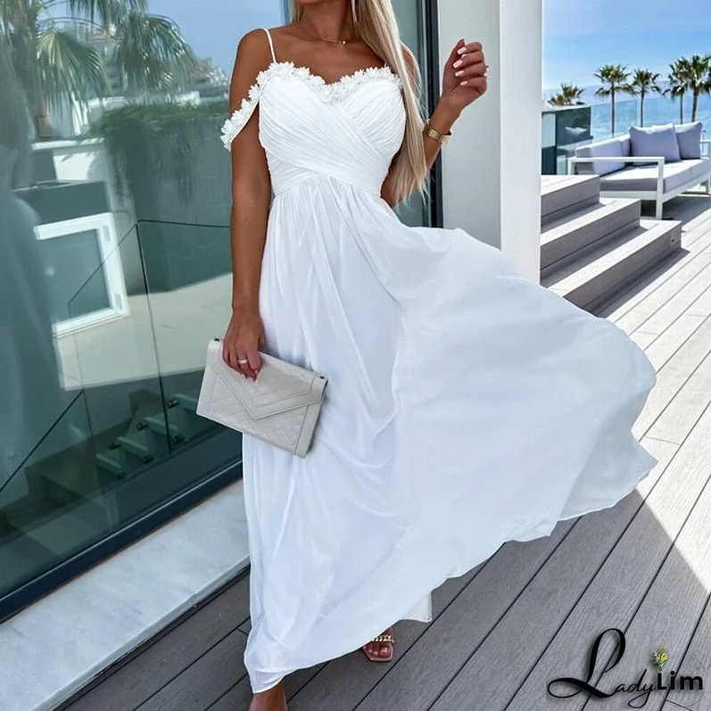 Women Off Shoulder Suspenders Dress Waist Pleat Solid Party Dress