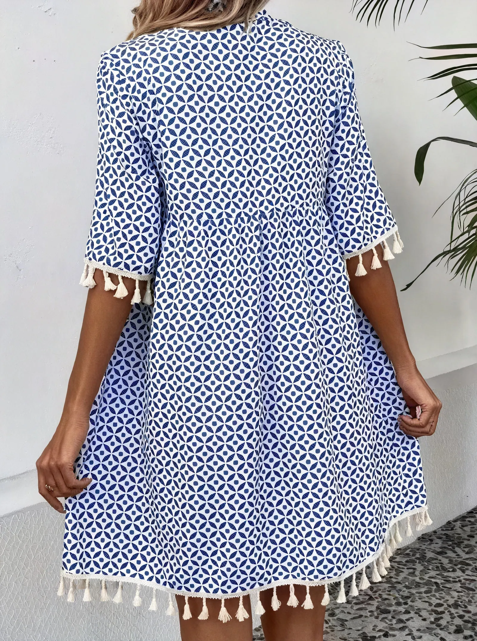 Damen Sommerkleid – Kurzarm Blau-Weiß, Geometermuster, Quasten, Leicht-82531-f6283457-38c9-4fa5-b8d4-ff2536c1491a