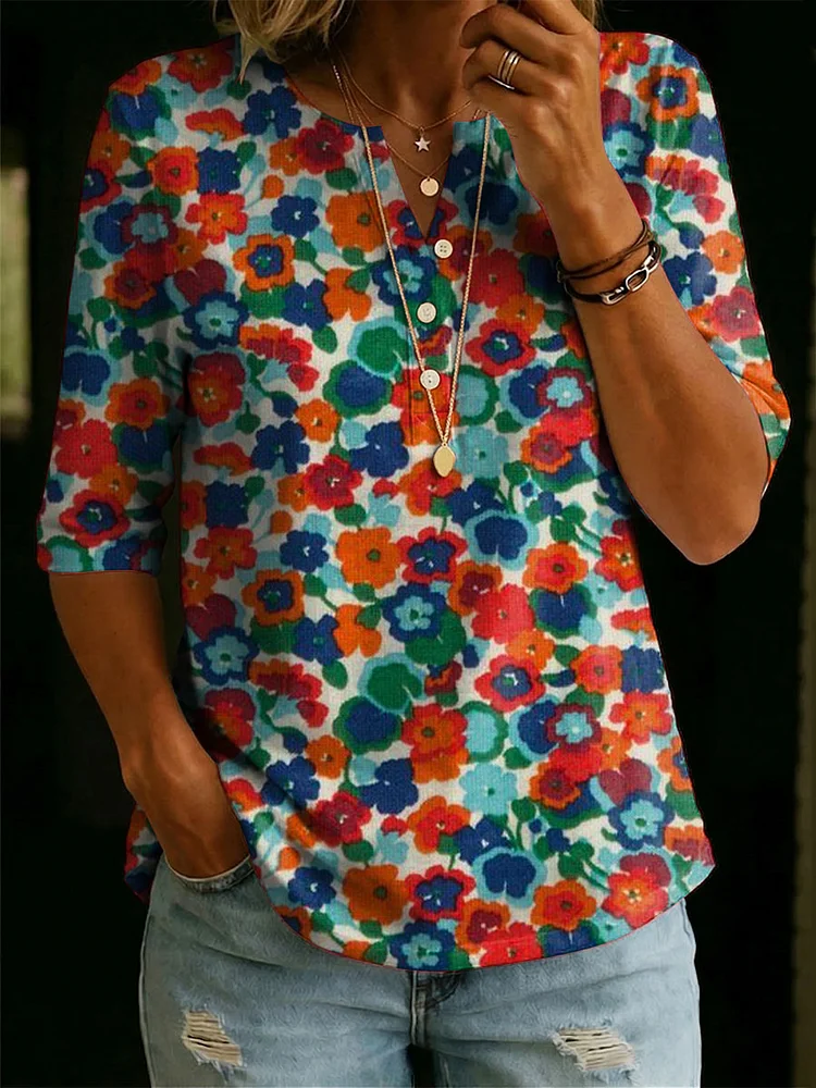 Women&rsquo;s Floral Pattern Art Casual Classic Henley Collar 100% Cotton T-shirt