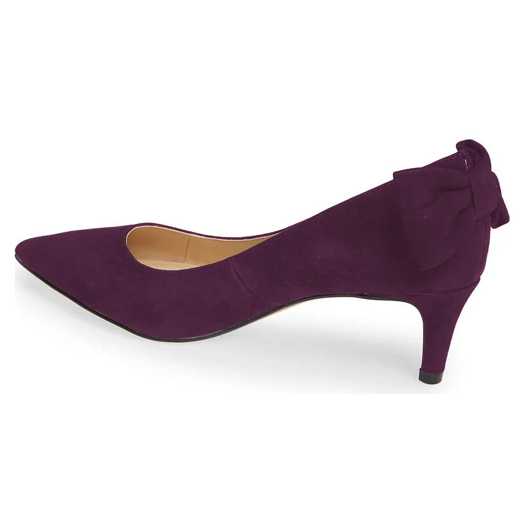 Purple Vegan Suede Back Bow Pointed Toe Kitten Heel Pumps for Women